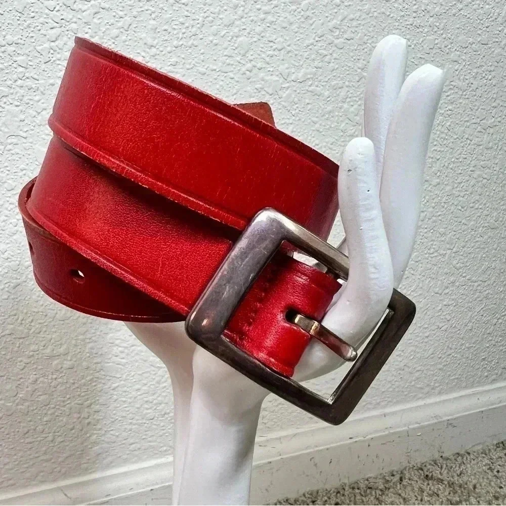 Liz Claiborne Vintage Red Leather Belt with Solid Brass Silver Brushed Buckle
